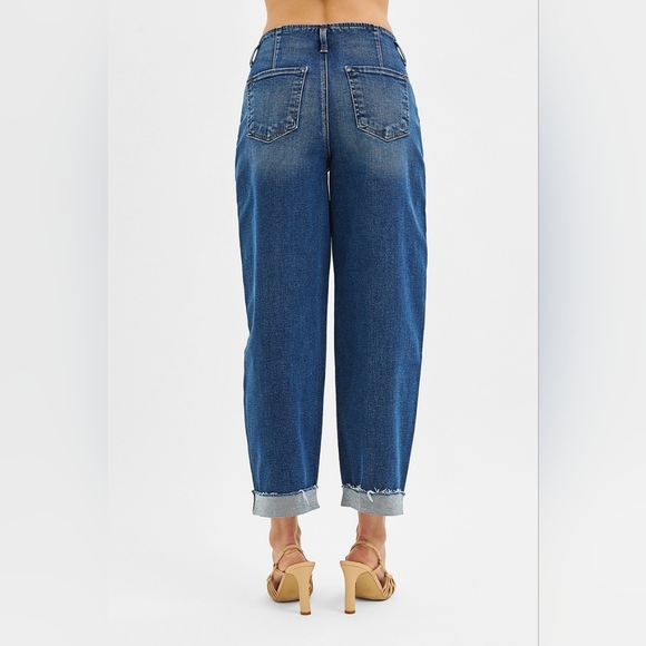 Risen HR Dark Wash Barrel Jeans Front Pintuck Seam Cuffed Raw Hem Various NEW - Picture 5 of 6